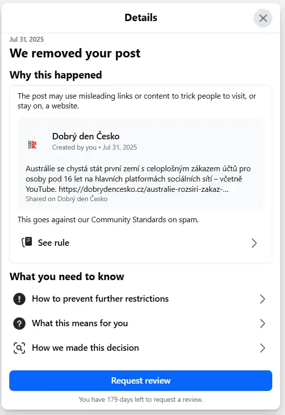 Zakázané informace které facebooku asi vadí